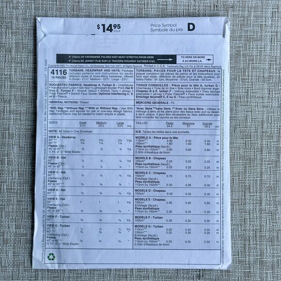 McCalls 4116 Turbans, Headwrap & Hats Misses Fashion Accessories S-L Pattern UC - Picture 2 of 2